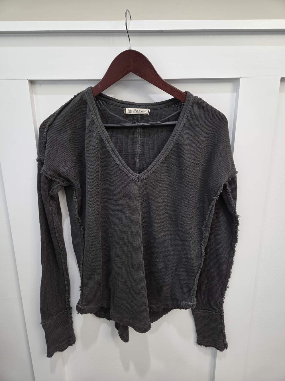 We The Free Charcoal V-Neck Waffle Long Sleeve Top